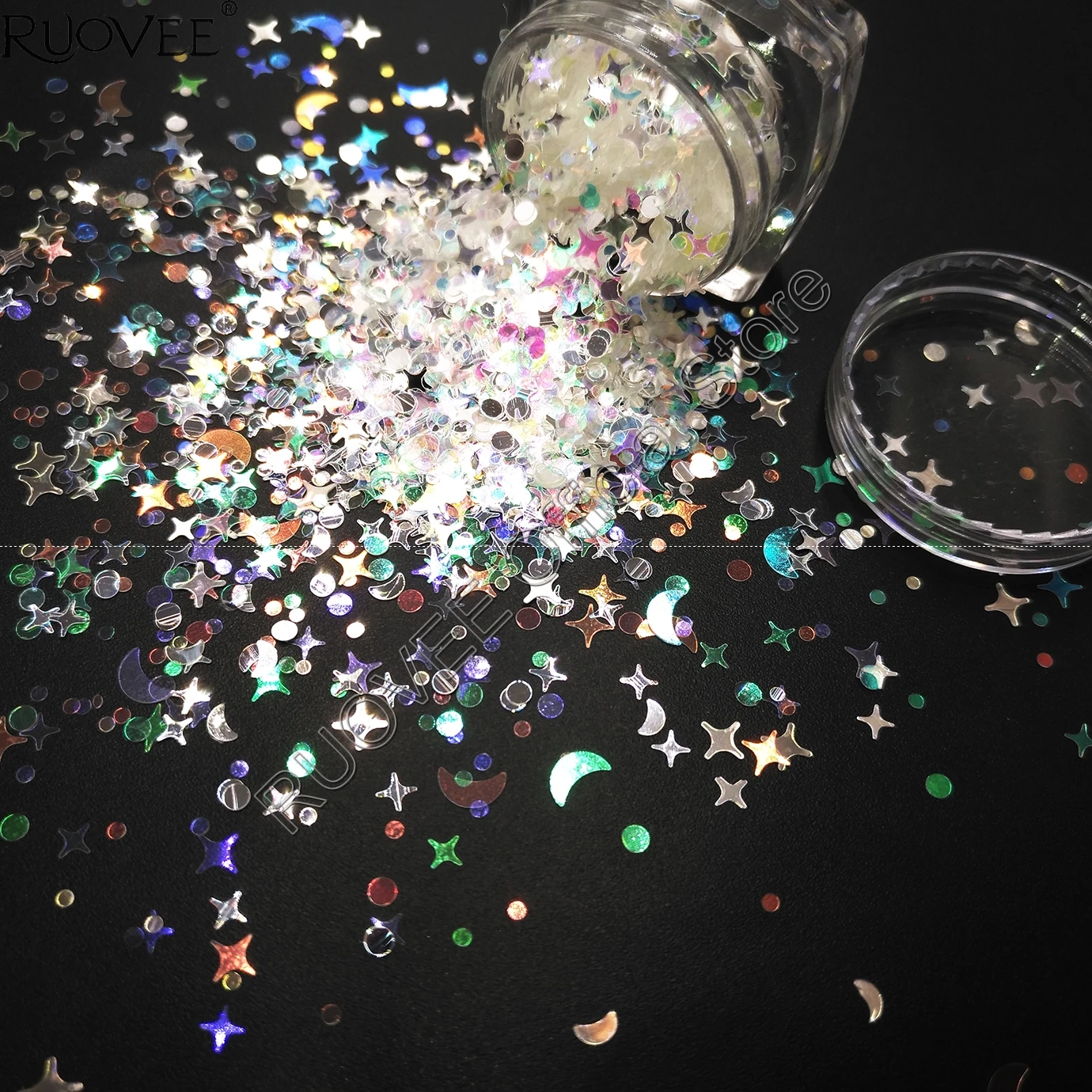 Mix Moon Stars Iridescent White Silver with Colorful Light Tint Nail Glitter Shape for Christmas Craft Facepaint Makeup Art JAR