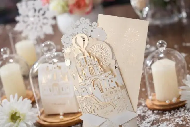 Unique 3D Laser Castle Wedding Invitations Cards laser cut 2016 Cheap Personalized wedding Invitation Card Designs