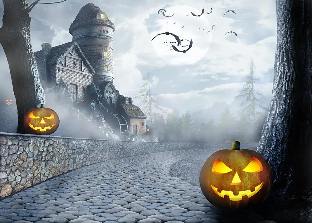 Capisco Halloween Old Castle Grimace Pumpkin Photography Backdrop Misty Road Haunted House Bats Background Photo Studio Props