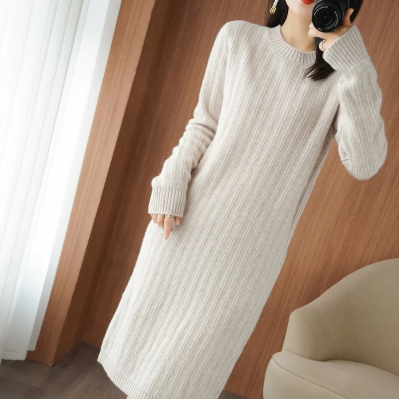 New 100%Pure Cashmere Knit Dress Women Wool Long Sweater Wild Over-Knee Bag Buttocks Large Size 2021Winter Long Skirt Thick Warm