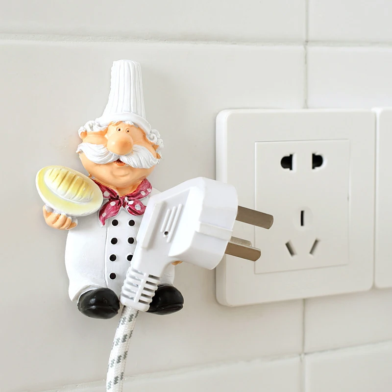 Cartoon Chef Plug Holder Power Cord Socket Hanger Organizer Wall Hanging Hook Resin Kitchen Hooks Gadgets Self Adhesive Creative