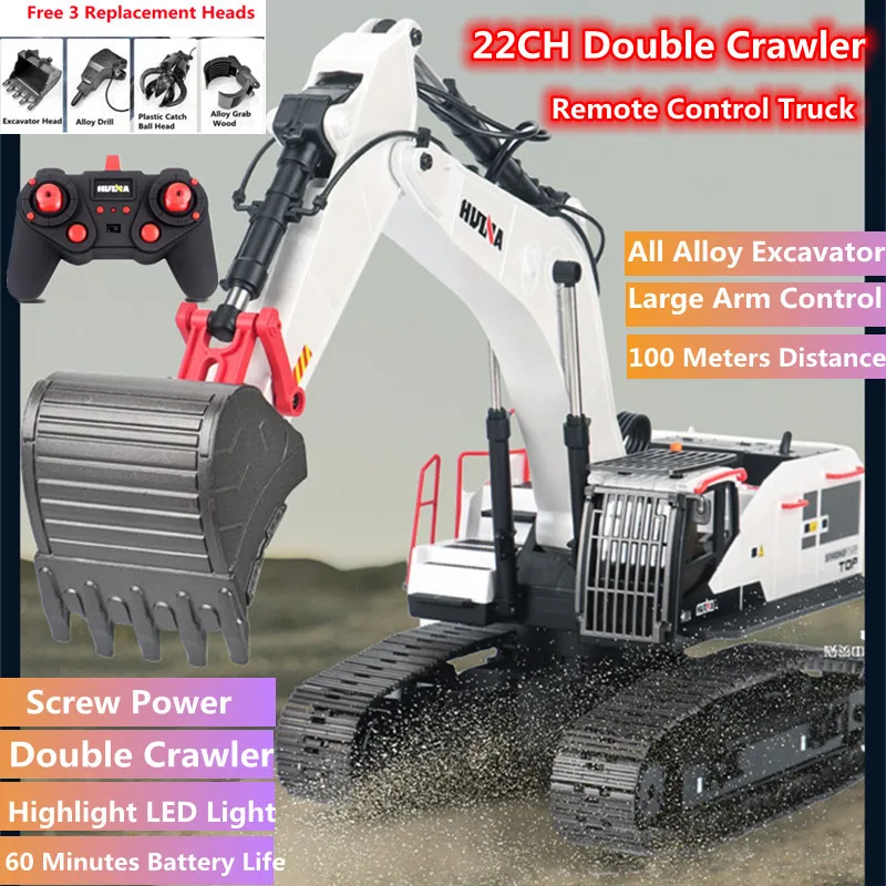 

22CH Alloy Remote Control Excavator 60Min Screw Power Double Crawler Unlimited Rotation Worktable LED Light RC Truck Kid ToyGift