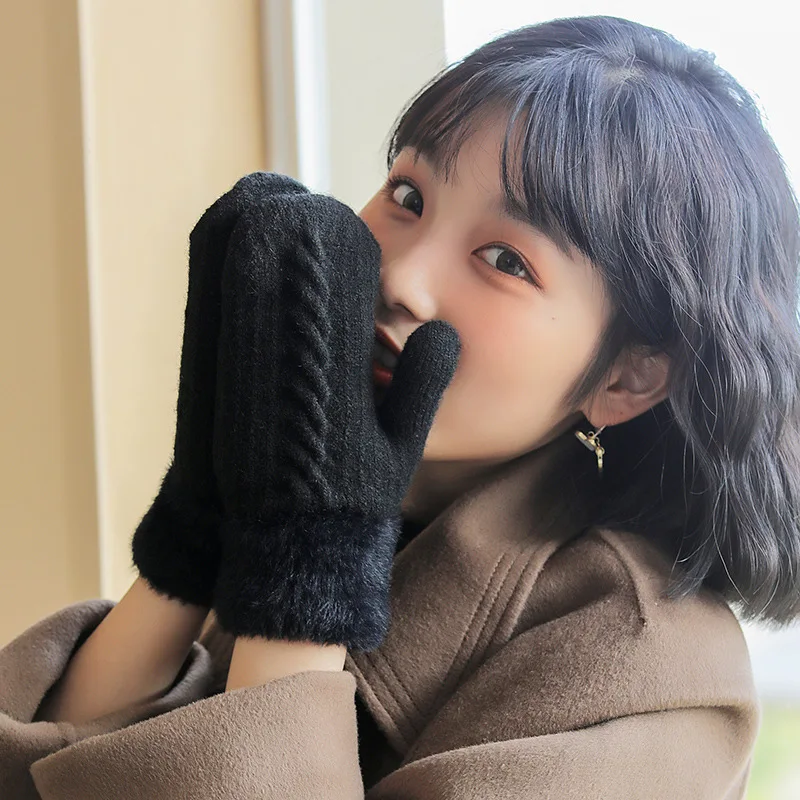 Winter Women Keep Warm Plus Velvet Inside Wrist Thicken Twist Knit Mittens Full Finger Cycling Woolen Gloves Soft Cute Lovely