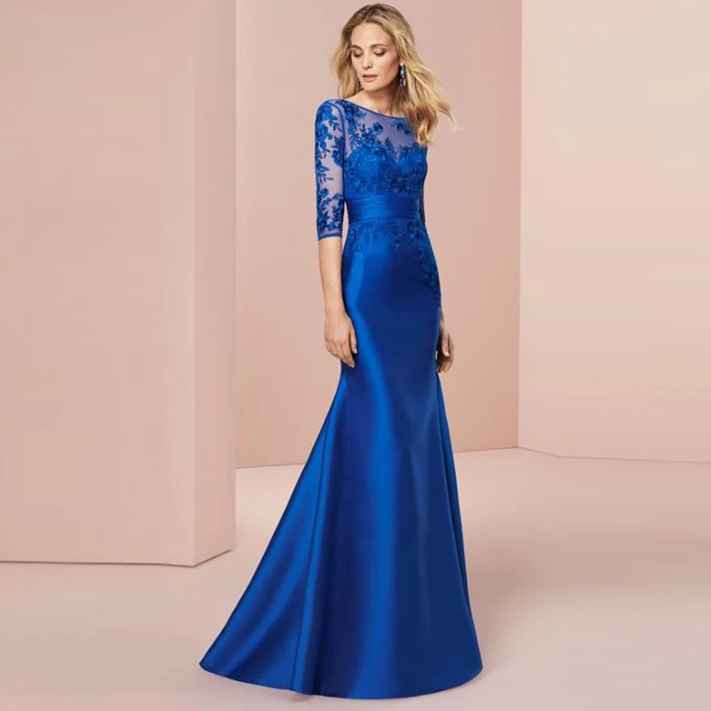 2024 di alta qualità Mermaid Blue Lace Mother of the Bride Dress manica a tre quarti scollo a barca abiti da sposa Vestidos Noiva