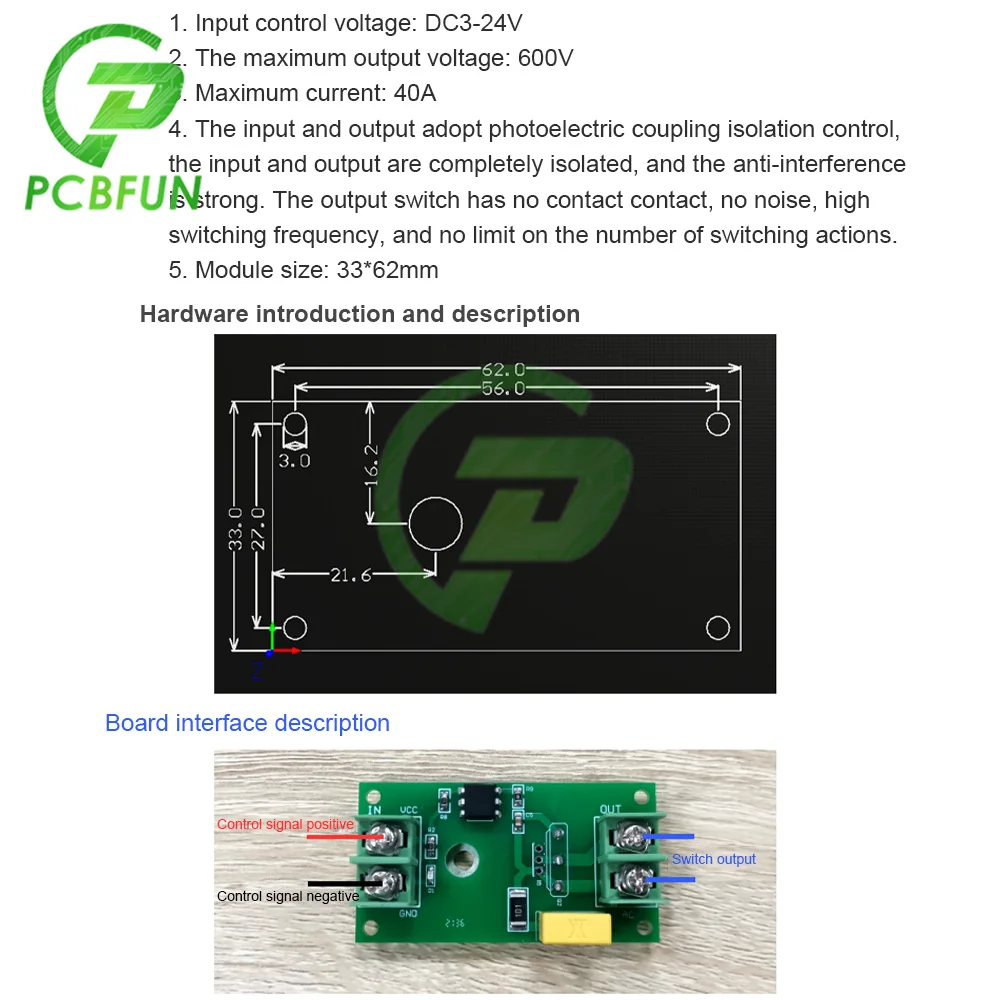 DC 3-24V 40A 1 Channel SCR Solid State Relay Switch Module Optocoupler Isolation MOS Transistor Output