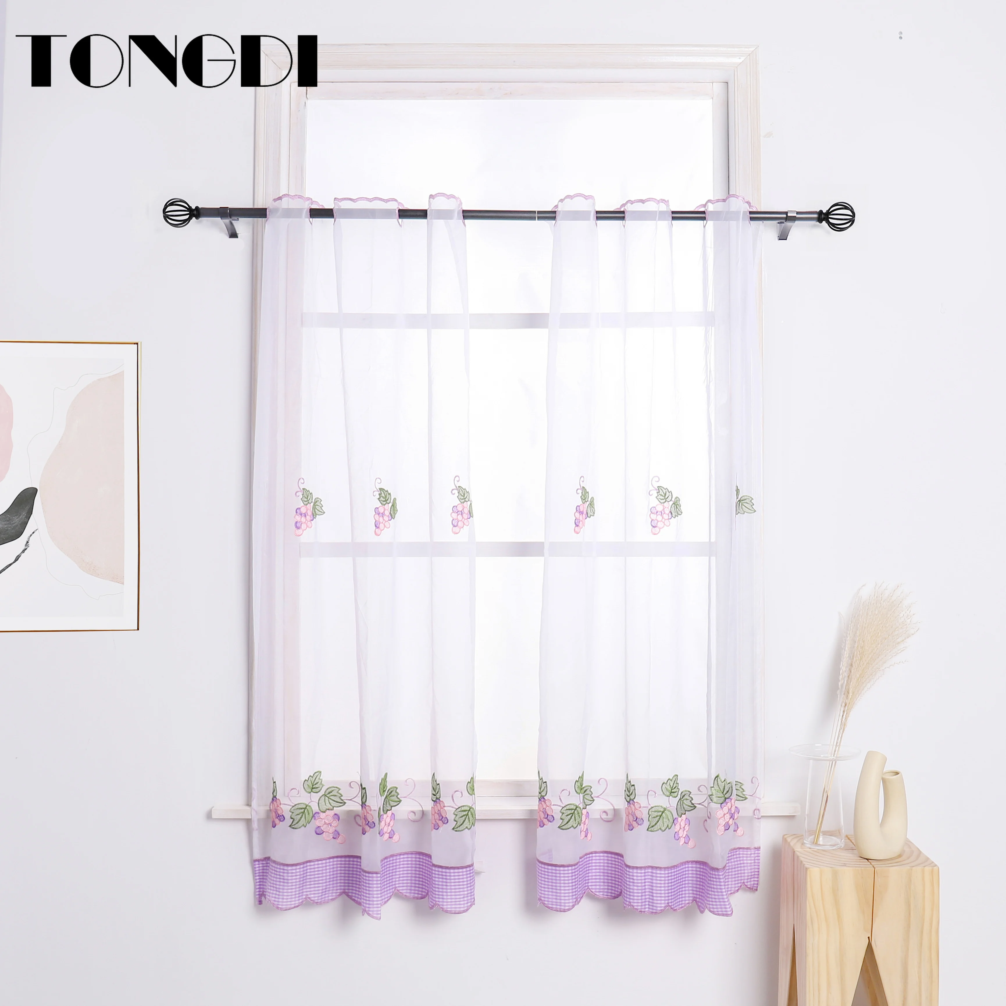 

TONGDI Home Kitchen Curtains Short Tiers Fruit Grapes Embroidery White Tulle Valance Decoration For Window Kitchen Dining Room