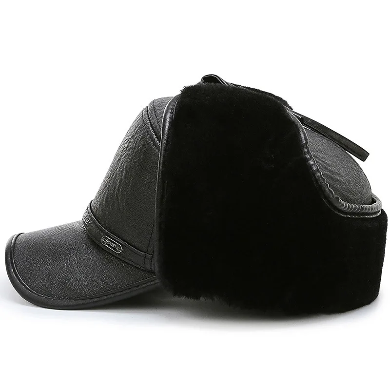 High Quality PU Leather Hats Winter First Layer Cowhide Warm Earmuffs Bomber Caps Plus Velvet Thicken Man Bone Caps Dad Hat