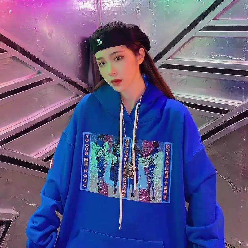 Klein blau mit kapuze sweatshirt frauen männer high street herbst winter neue Grunge lose paar outfit punk kühlen funko pop streetwear