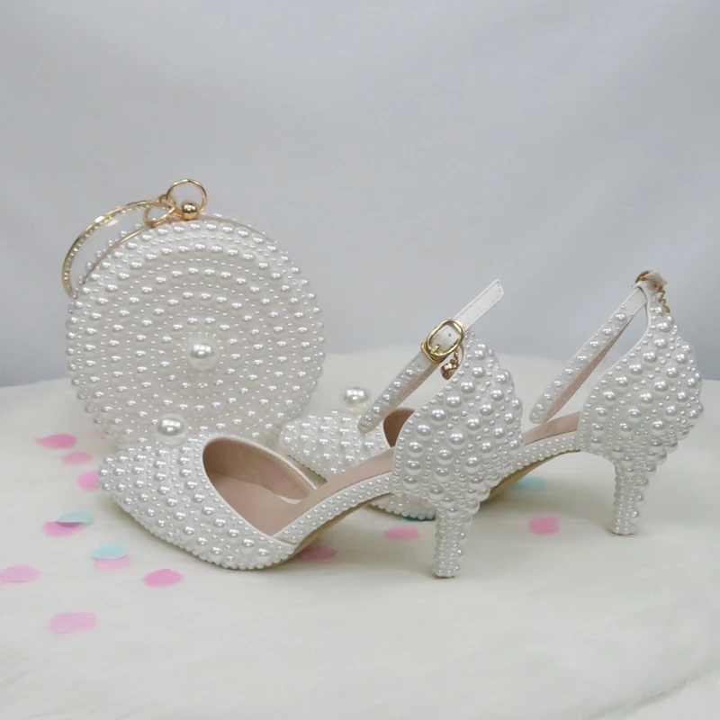 BaoYaFang White Beads Big Pearl wedding shoes Bride Pointed Toe party dress High heels shoes and bag set Thin Heel Ankle Strap