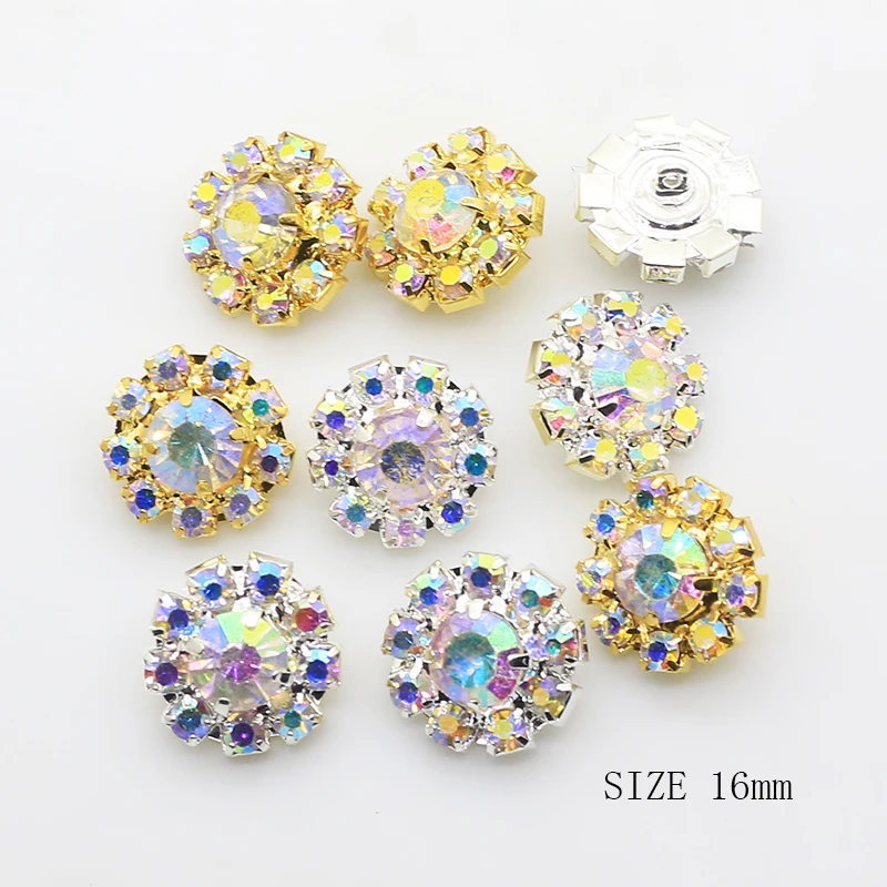 10pcs/set 16mm Round AB Colorful Diamond Rhinestone Button with Shank Crystal for Wedding Bouquet Child Hair Ribbon Decorative