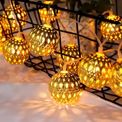 Moroccan Hollow Metal Ball LED String Lights, Fada, Alimentado por bateria, Casamento, Férias, Interior, Exterior, Decoração, 10 LEDs, 20 LEDs, 40 LEDs, 50LEDs