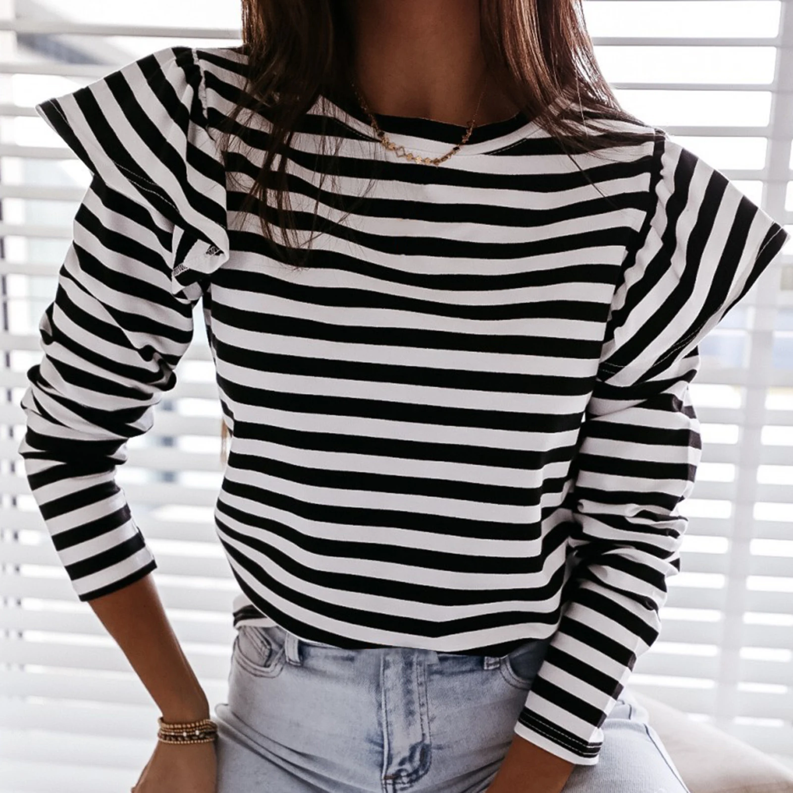 woman sweaters Fashion Autumn Striped Ruffles Blouse Long Sleeve woman sweaters O Neck Pullover Top свитера женские 2020