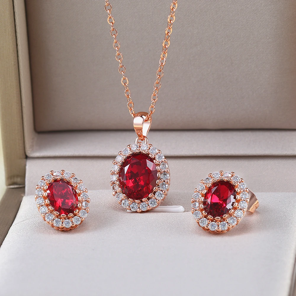 5 Colors Bridal Wedding Set For Women Green Crystal Necklace & Earrings Rose Gold Color Cubic Zirconia Fashion Jewelry S106