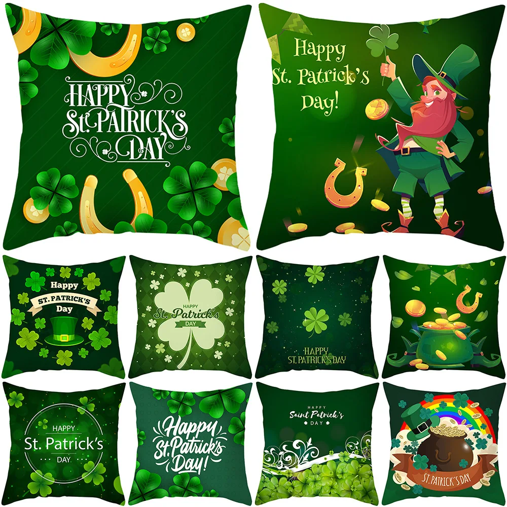 

St. Patrick's Day Decor Cushion Cover 45x45cm Pillowcase Green Hat Clover Printed Pillow Cover for Home Happy St. Patrick's Day