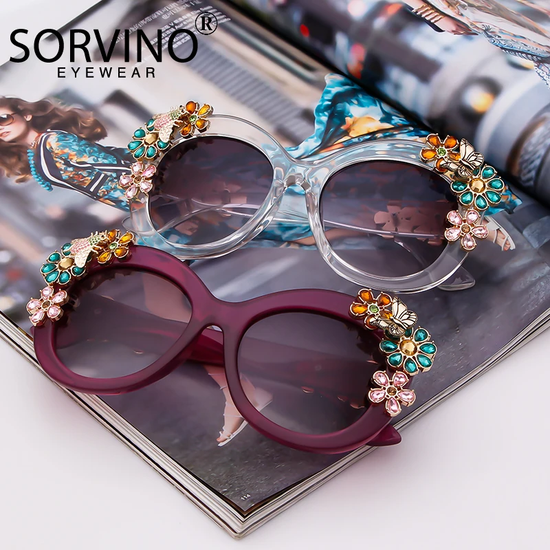 80S Women Oversized Flower Diamond Sunglasses Luxury Brand Designer Retro Vintage Cat Eye Rhinestone Shades Sun Glasses