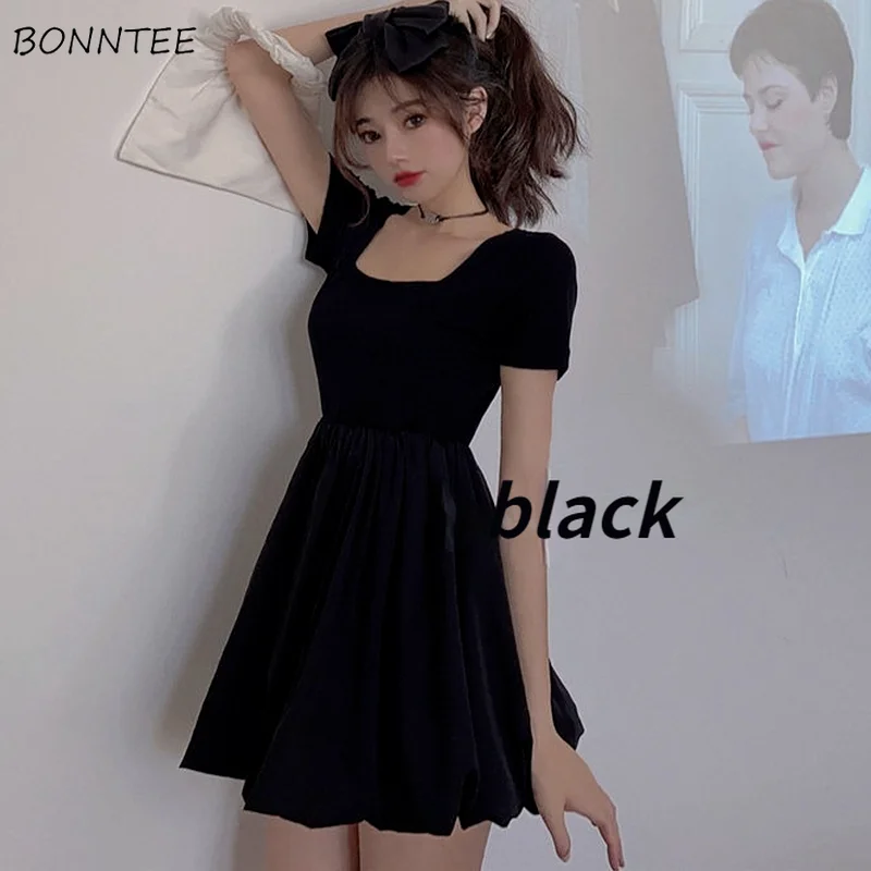 

Dresses Women Student Casual Solid Lovely Girlish Female Minimalist All-match Square Collar Chic Summer Preppy Style New Arrival