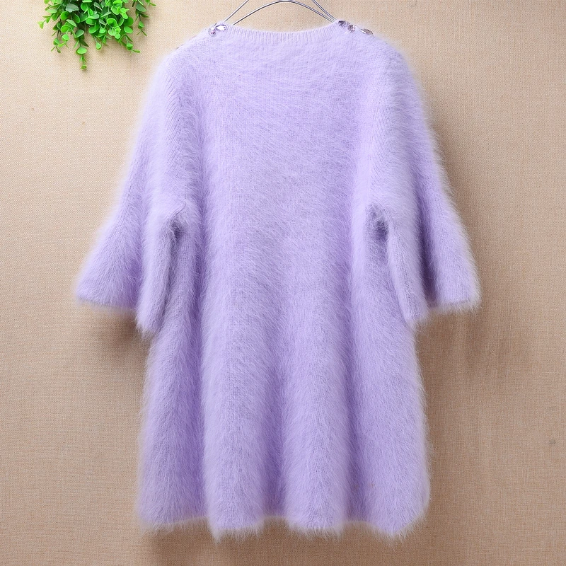 Women fashion thick mink cashmere knitted jumper sequined diamonds vintage sweater half sleeves angora rabbit fur pullover China