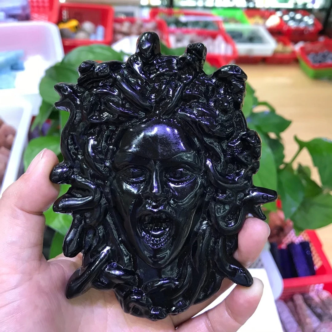 

Black Obsidian Crystal Carved Medusa Figure Statue Queen Of Greek Mythology Gorgon Sculpture Handmade Natural Stone Decor Items