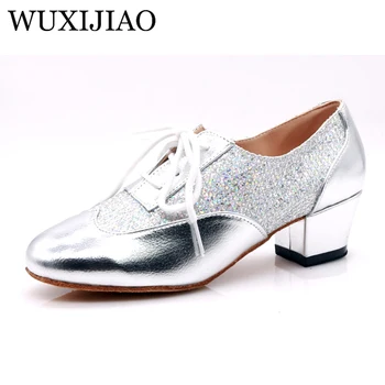 WUXIJIAO vrouwen Latin dansschoenen kleur satin pailletten steentjes Cubaanse hoge hakken 9cm