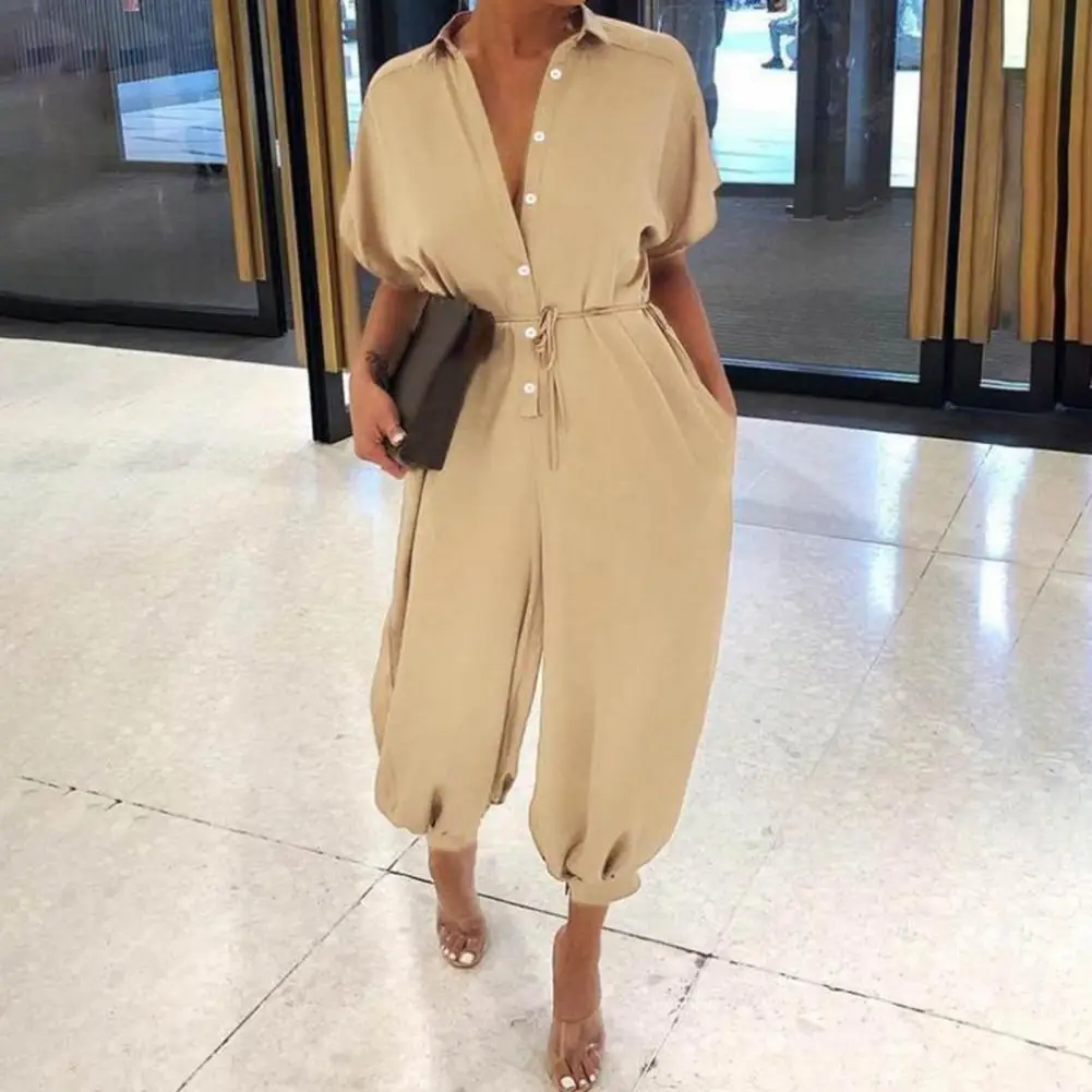 

Ladies Lapel Romper Leisure High Waist Solid Color Simple Jumpsuit for Summer