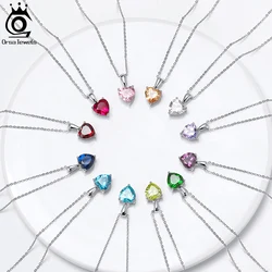 ORSA JEWELS 925 Sterling Silver 12 Color Heart Shaped Birthstone Pendant Necklace Woman Girl's Lucky Birthday Jewelry Gift APN02
