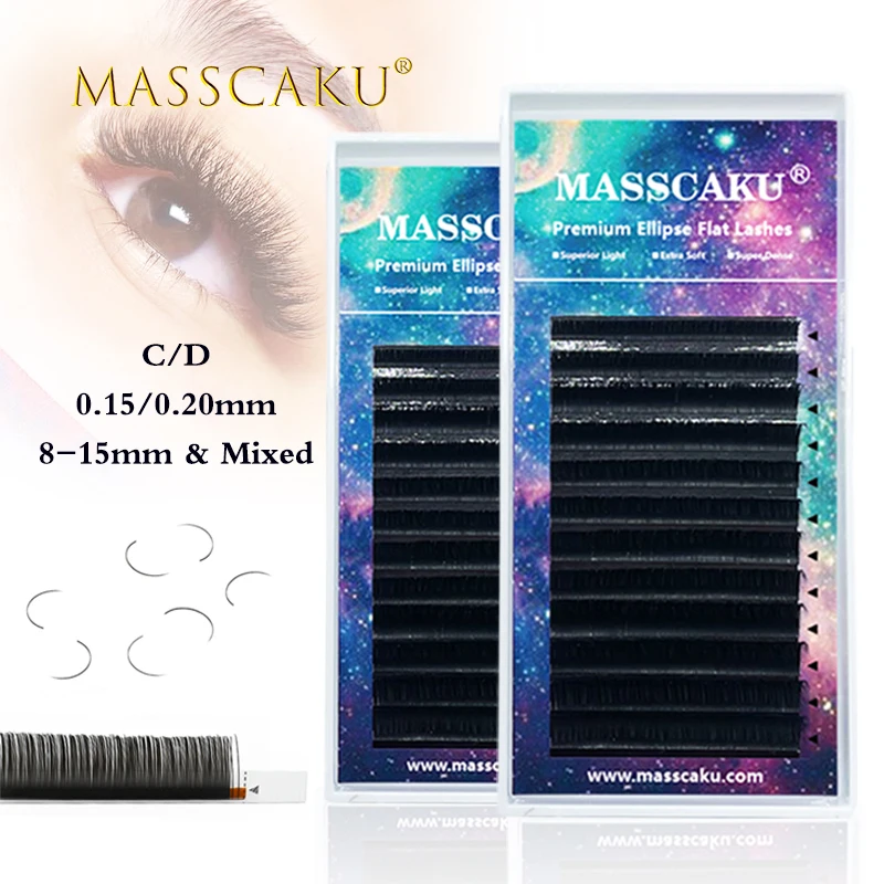 MASSCAKU hot selling 8-15mm & mix length ellipse flat eyelashes 0.15 0.20 thickness flat eyelashes lash tray for professional
