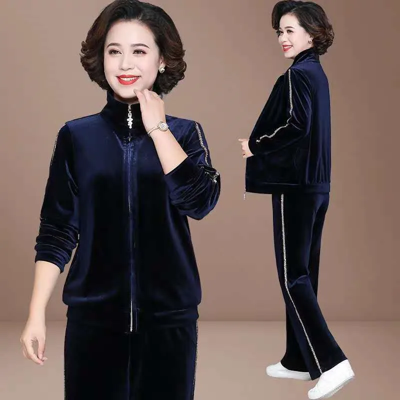 Fashion Mom Velvet Tracksuit Women Velour Sportswear 2 Piece Set Spring Autumn Casual Zipper Jacket And Pant Suit 4XL Black Navy