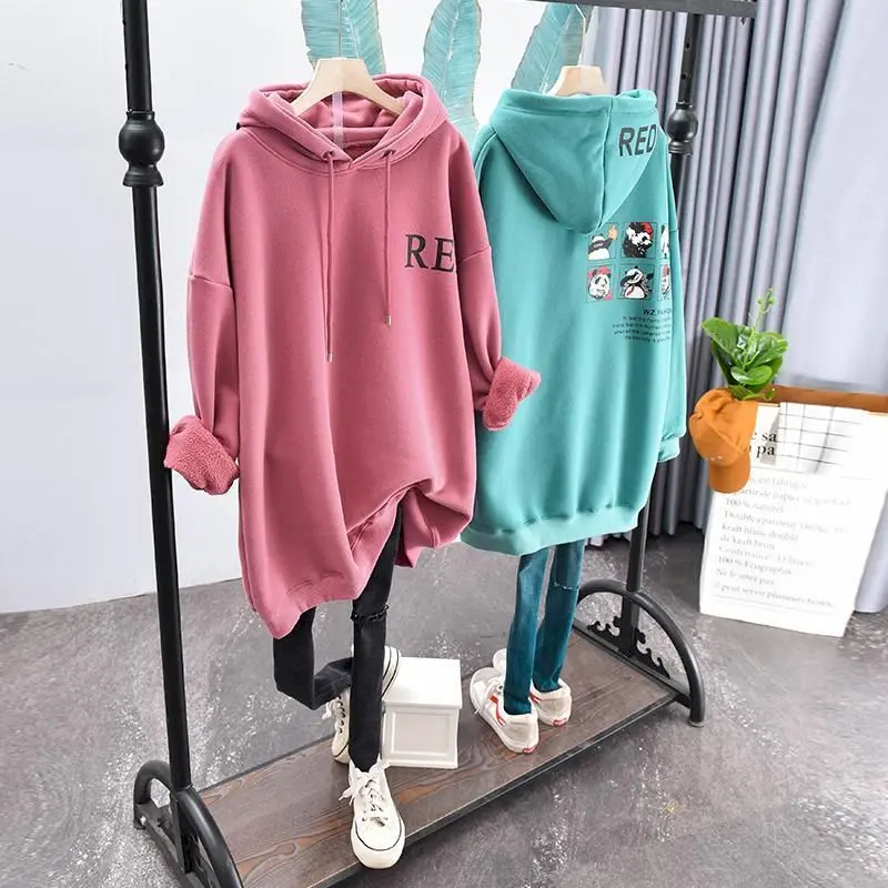 Women\'s Hoodies Autumn Winter Plus Velvet Thick Couple Clothes 2024 New Cartoon Letters Large Size Loose Mid-length Jacket Coat