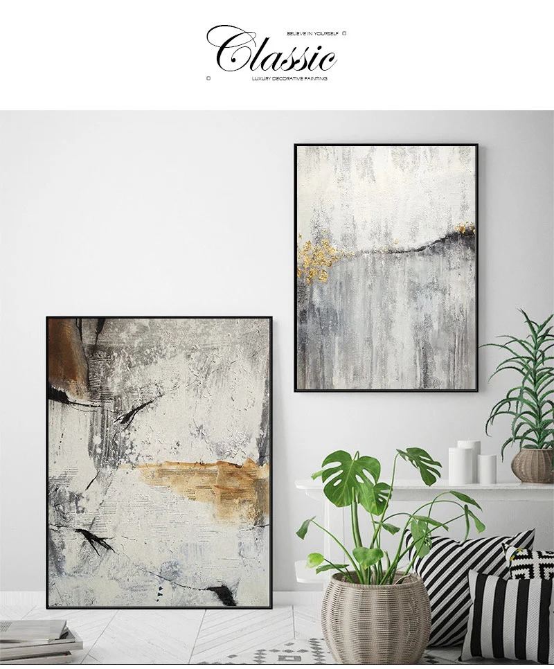 Hand-painted combination of Gray Marble Abstract Gold Line Nordic Wall Art Agate Painting Pictures For Living Room Decor