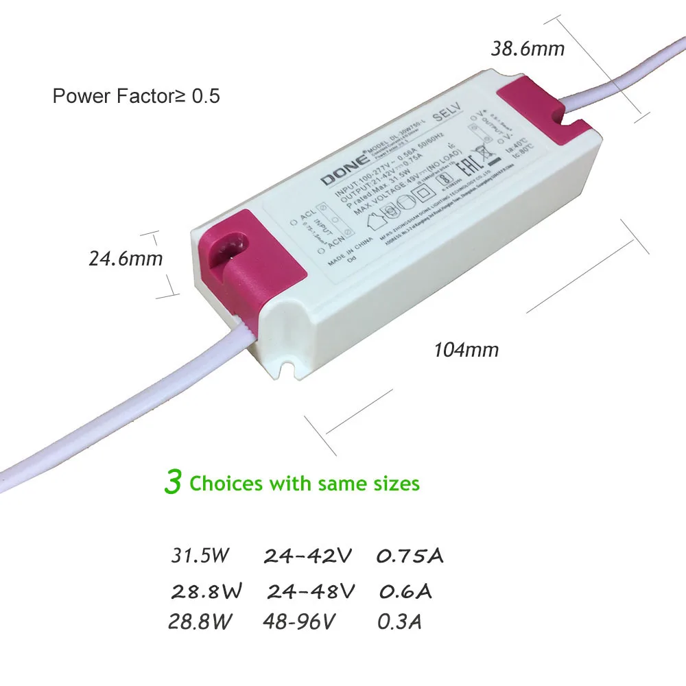 PF0.5 Indoor Light LED Transformer Lamp Driver Flicker Free 260mA 300mA 600mA 700mA 750mA 1500mA 1200mA with H03VVH2-F Leadwire