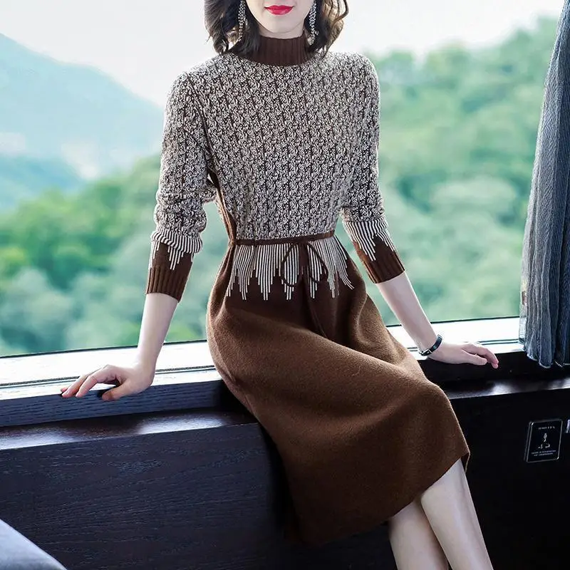 Ogo-Robe pull à col roulé pour femme, pull surdimensionné, patchwork, robe mince, français, rétro, éducatif, élégant, vêtements de bureau, automne, 2024