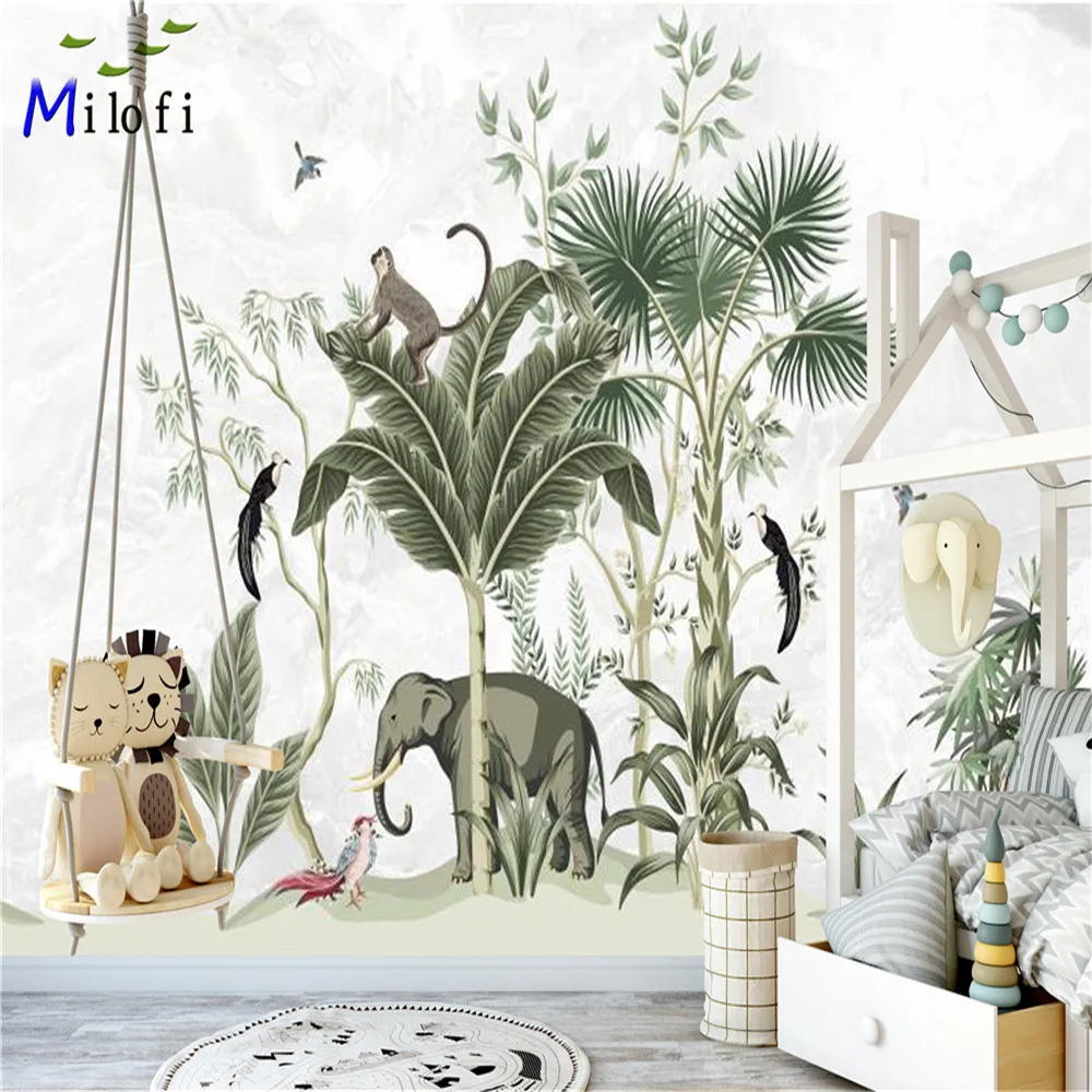 

Milofi custom 3D wallpaper mural wallpaper medieval hand-painted tropical leaves elephant bird TV sofa background wall