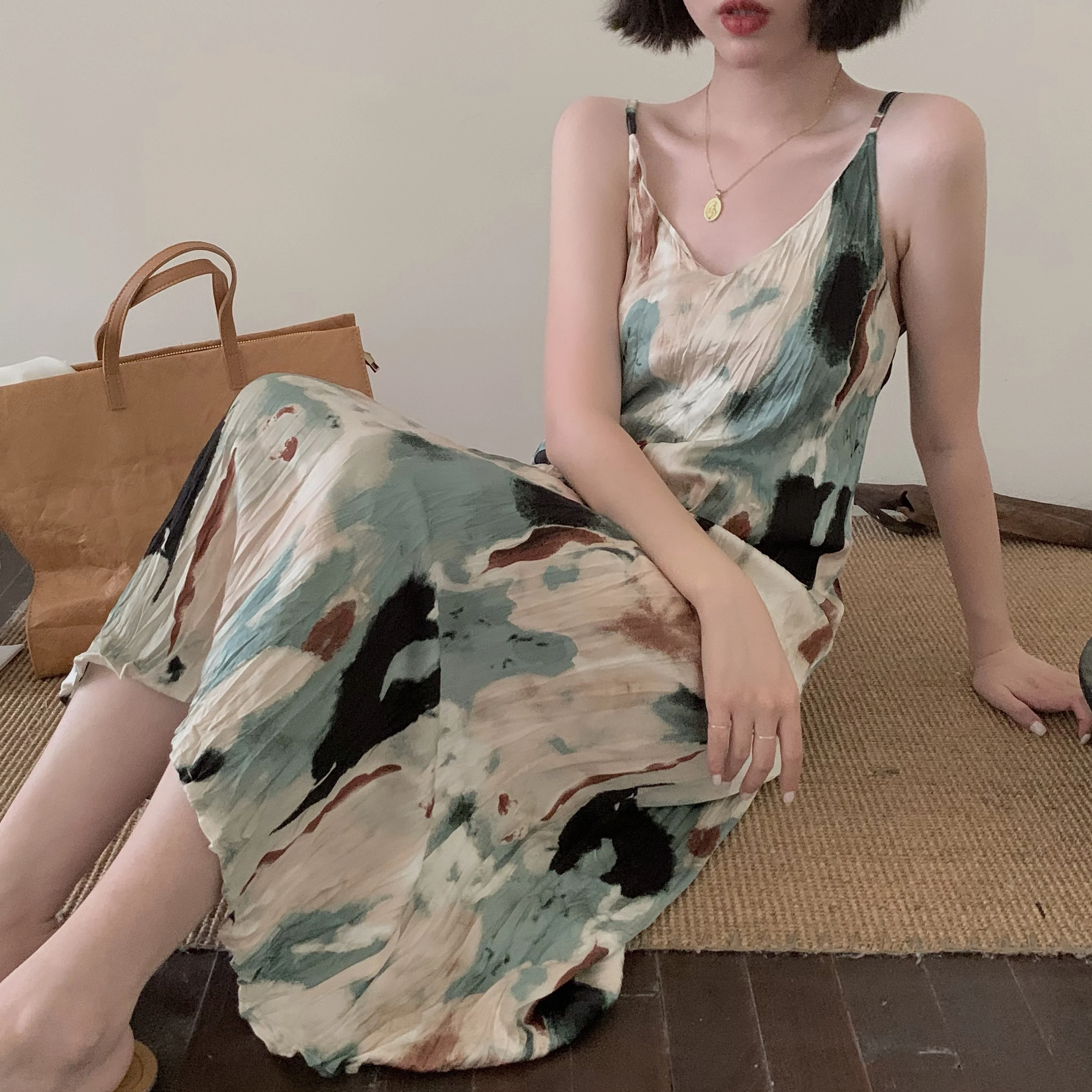 CHEERART Tie Dye Long Slip Maxi Dresses For Women 2021 Chiffon Spaghetti Strap Summer Ruched Dress Korean Designer Clothes