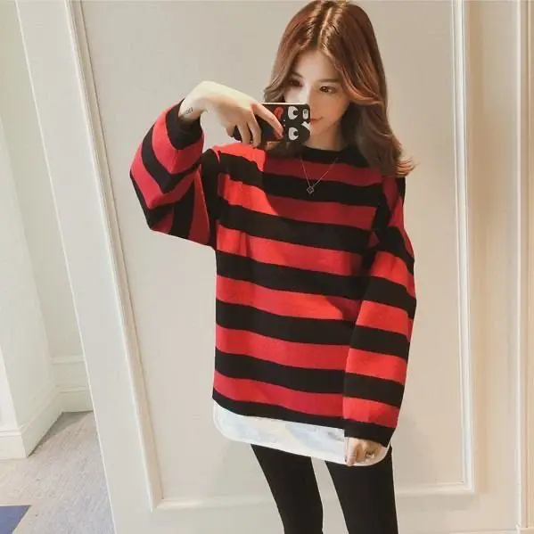 2024 New Pregnant Women Korean Style Long Sleeve O-neck Striped T-shirt Plus Size Maternity Casual Batwing Sleeve Tops Wholesale