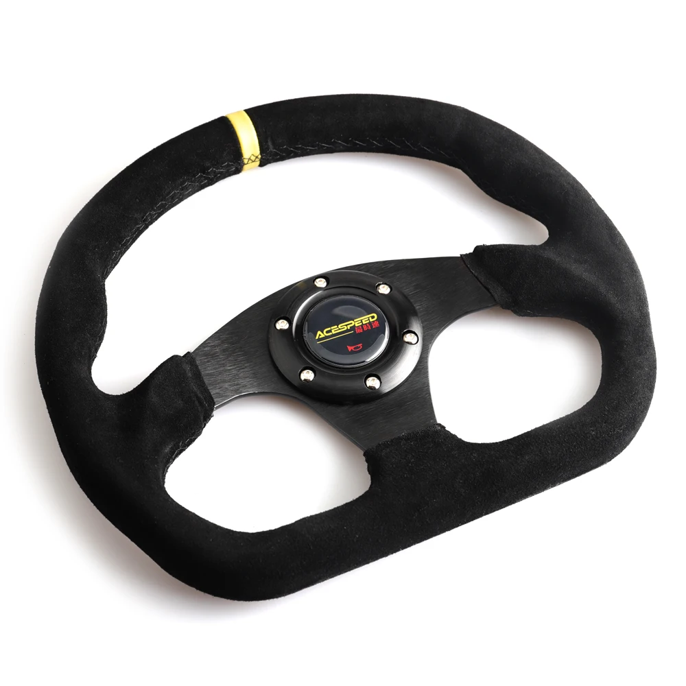 Racing Drift Flat Steering Wheel 330mm 13Inch Suede Leather Black Stitching Steering Wheel Fit Car and Simulation Racing PC Game