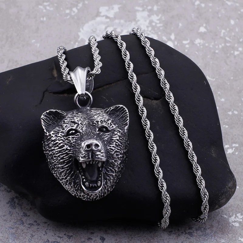 Retro Nordic Wildlife Bear Head High Quality Metal Pendant Necklace for Men Personalized Rock Party Punk Jewelry