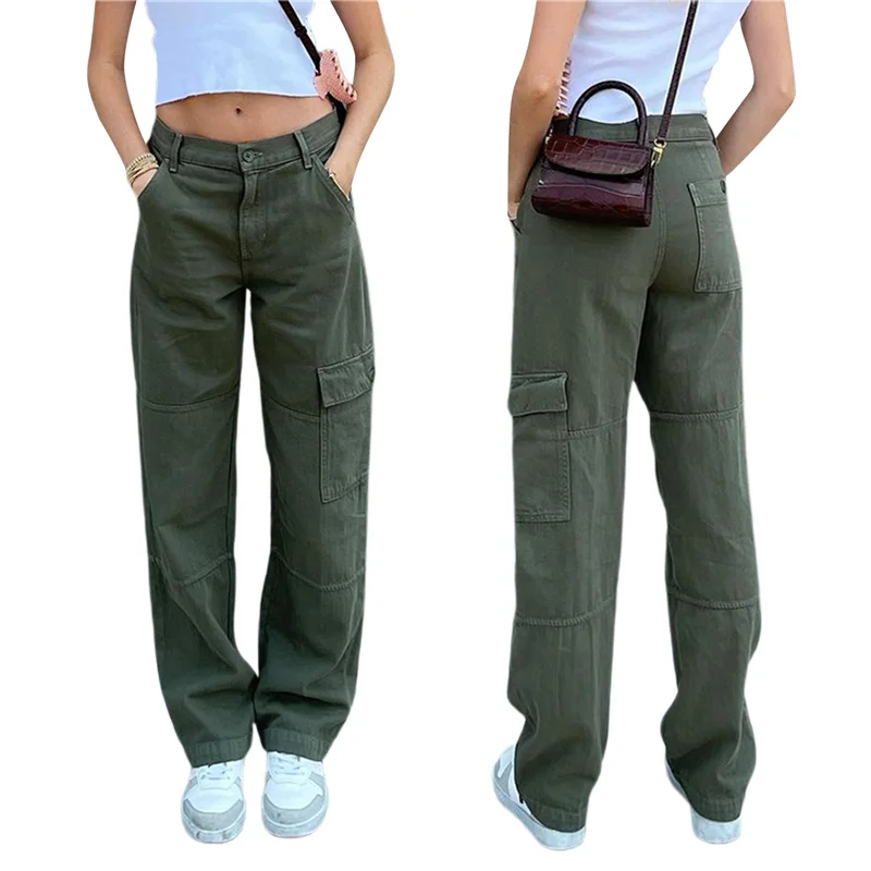 

Women Stylish Denim Pants, Side Pockets High Waist Slimming Casual Party Street Trousers, Army Green/Black/Brown,S/M/L