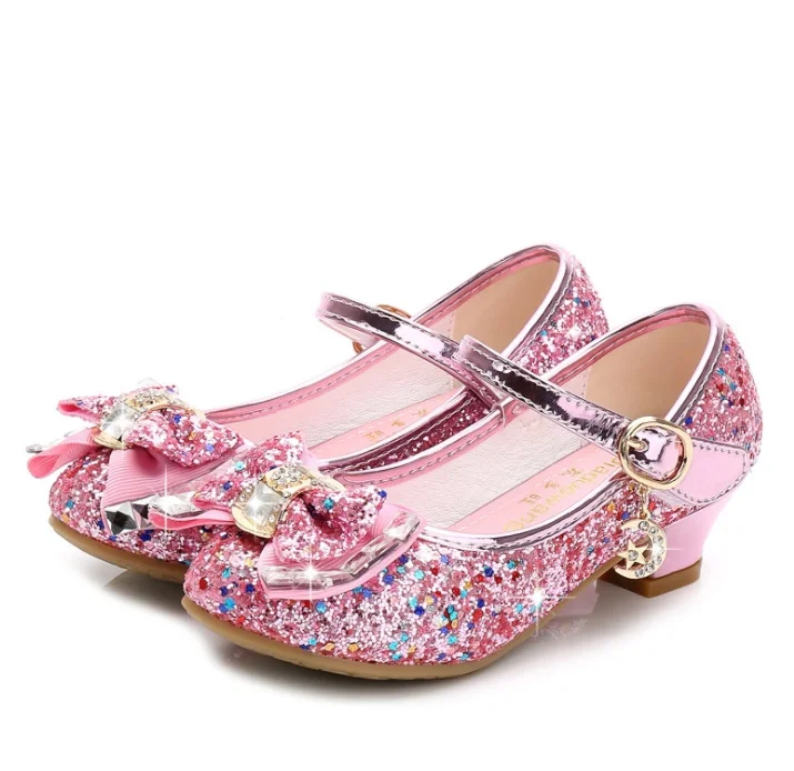 Princess Kids Leather Shoes for Girls Flower Casual Glitter Children High Heel Girls Shoes Butterfly Knot Blue Pink Silver