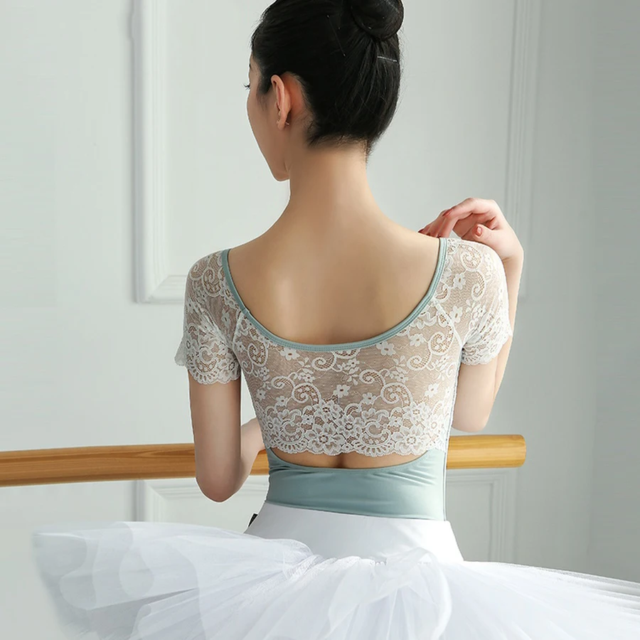 Ballet Leotard Adult Swimsuit for Dancing Women Dancewear Short Sleeve Lace Leotards Gymnastic Ballerina Classic Dance Costume