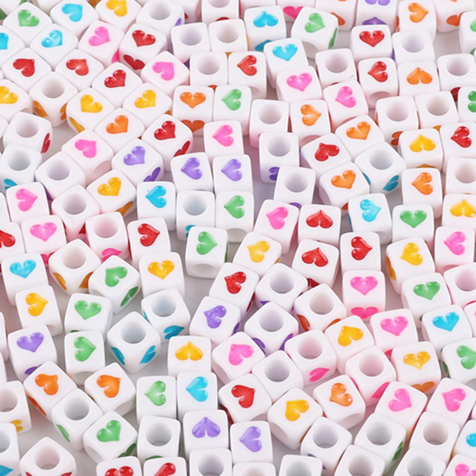 250 White with Colorful Love Heart Acrylic Cube Pony Beads 6X6mm