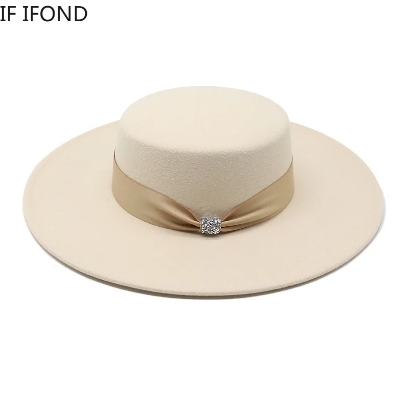 French Ladies White Bownot Satin Felted Fedoras Hat Women Banquet Elegant Formal Party Dress Cap 10CM Wide Brim Church Hat