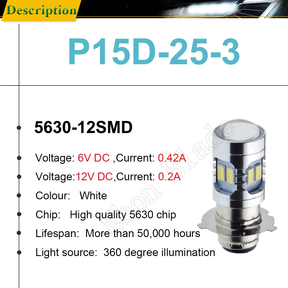 1Pcs P15D-25-3 LED Motorcycle Headlight Bulb 5630 12SMD Motorbike Headlamp Scooter ATV Moto Bike Light White Front Lamp 6V-24V