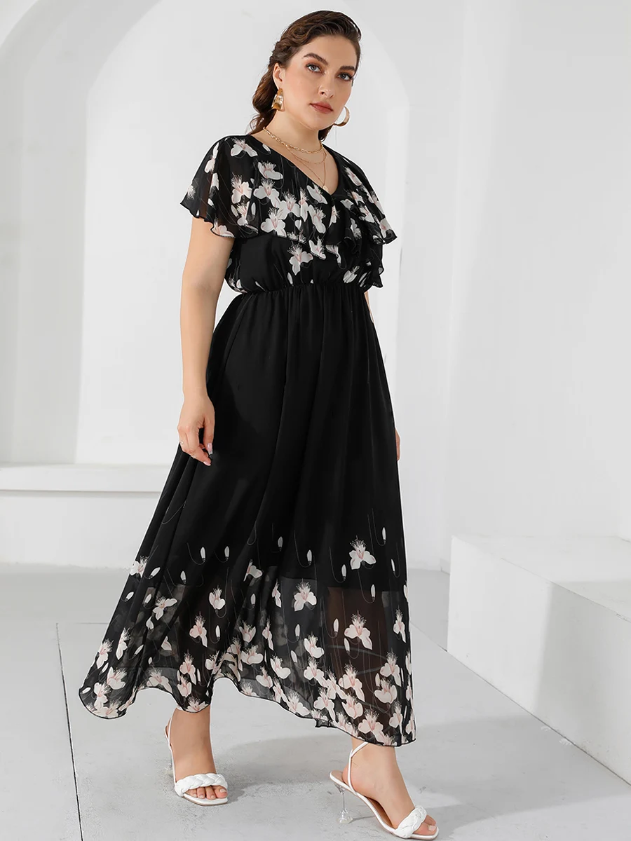 Plus Size Casual Women\'s Dresses 2024 Summer Ruffles V Neck Short Sleeve Floral Maxi Long Dress Black Chiffon Boho Beach Dresses