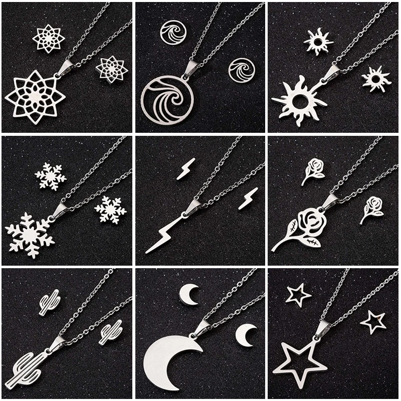 Hfarich Stainless Steel Classic Natural Element Sets Wave Snowflake Sun Flower Moon Lightning Star Pendants Chain Necklace Women