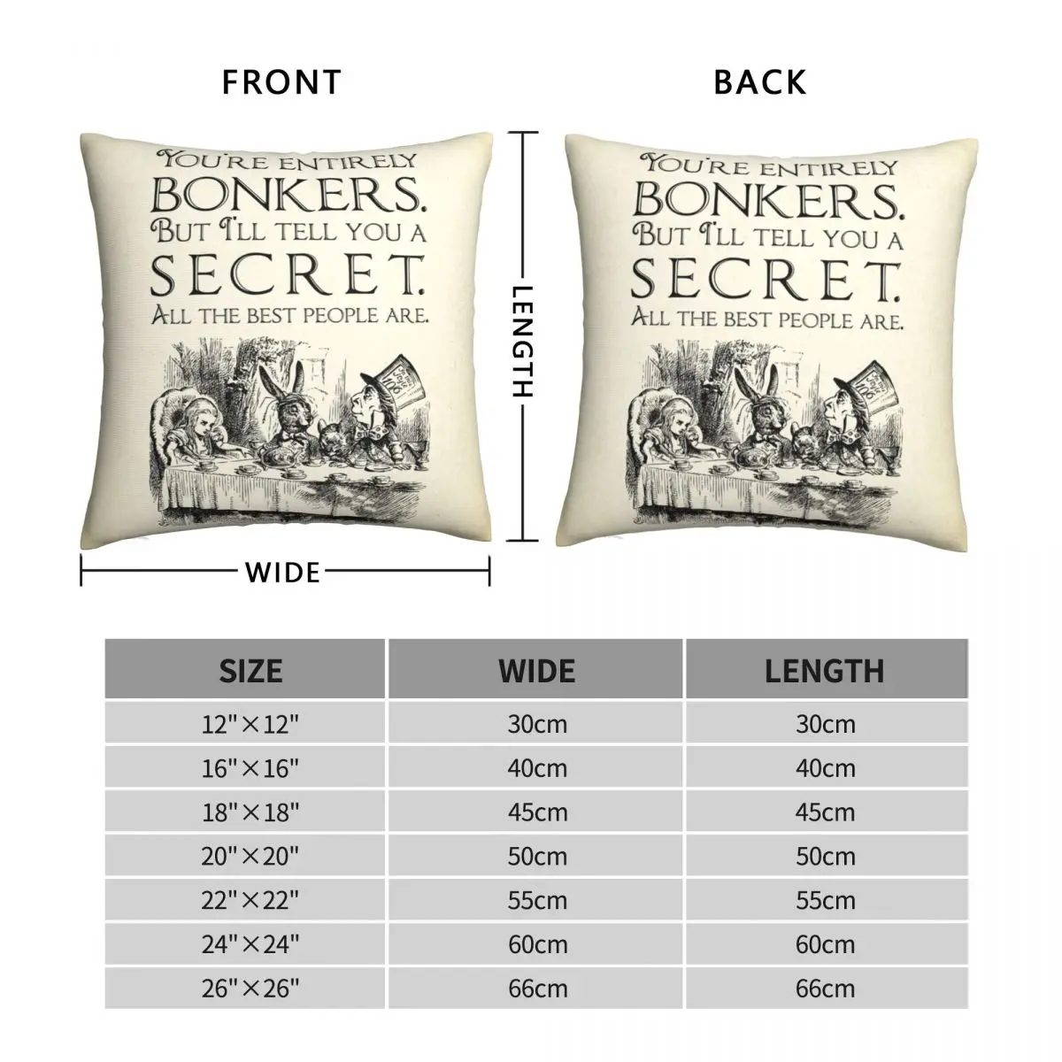 Alice In Wonderland You're Entirely Bonkers Square Pillowcase Polyester Linen Velvet Zip Decor Pillow Case Sofa Seater Cushion