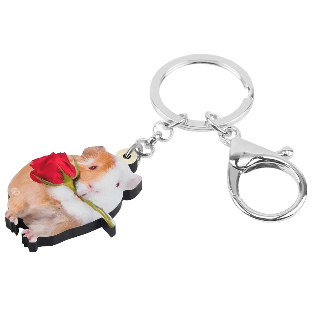 Bonsny Acrylic Valentine\'s Day Rose Guinea Pig Key Chain Ring Bag Car Wallet Decoration Animal Keychain For Women Girl Teen Gift