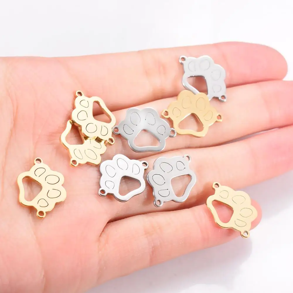50pcs/Lot Stainless Steel Charm Connector Dog Pet Paw Silver Gold Tone Pendants Jewelry Making DIY For Men Women