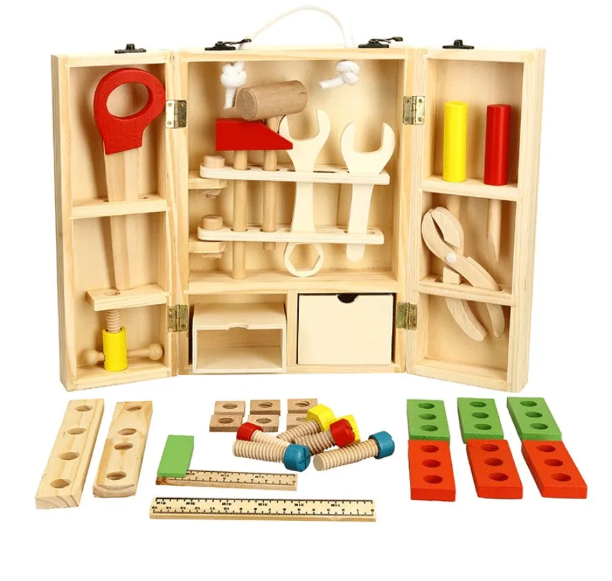 Kids  Wood Toolbox Kit Educational Toys Simulation Repair Tools Toys Drill Game Learning Engineering Puzzle Toys Gifts For Boy