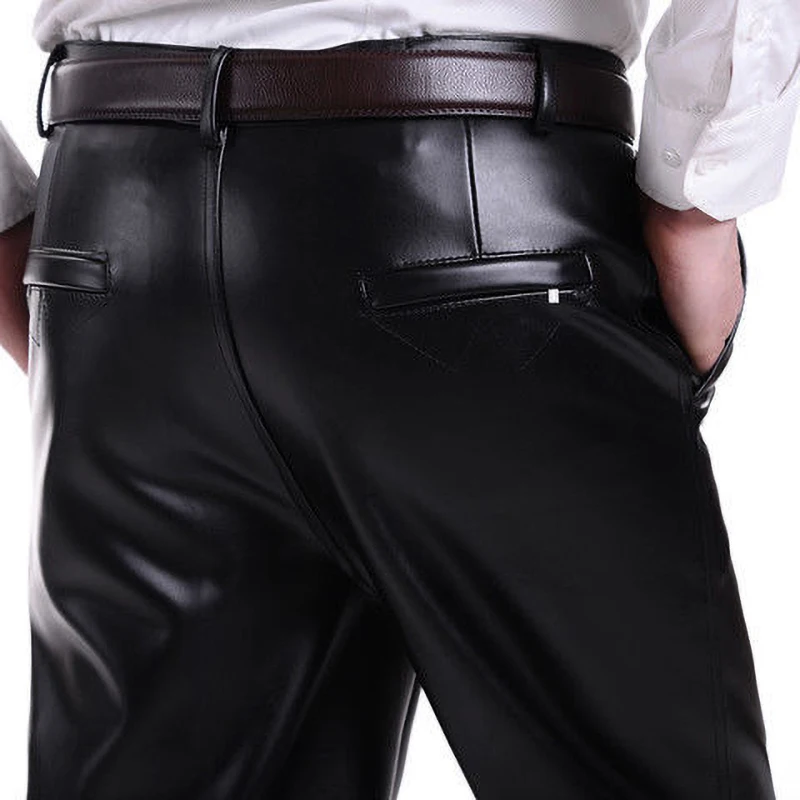 Leather Pants Men Wide Leg Work Trousers Clothing Casual Pants Waterproof Motorcycle Pants Solid Color Black