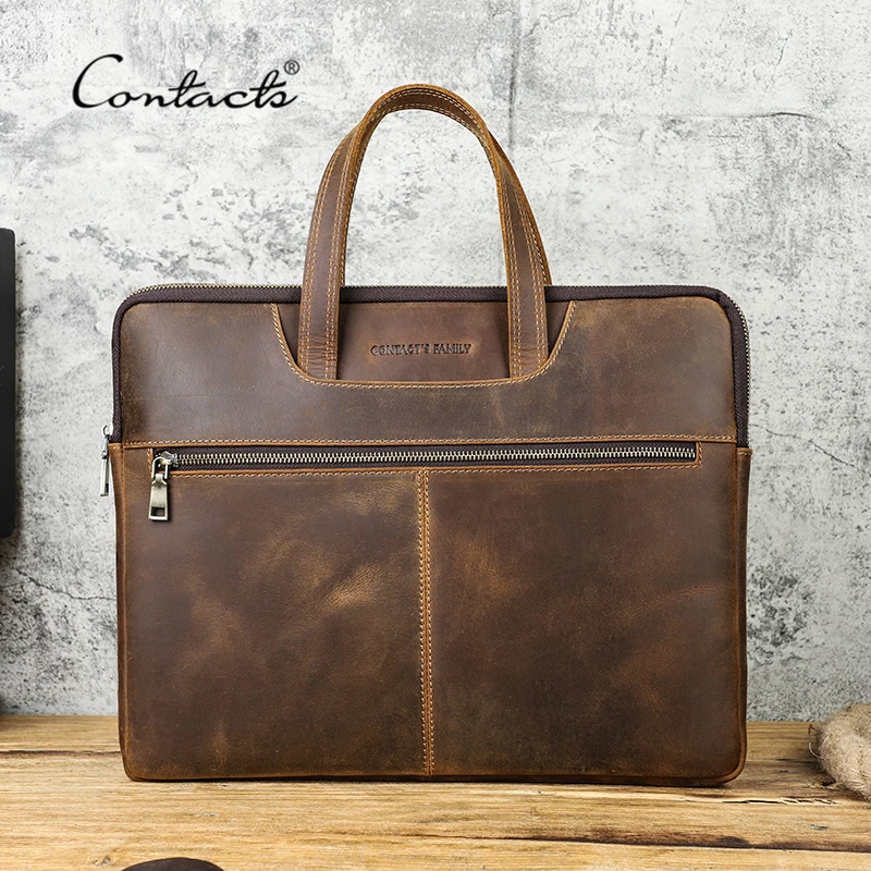 

CONTACT'S Men Crazy Horse Leather Handbag Casual Laptop Bag for 16" Business Travel Male Tote Bags Brand Design Man Briefcase